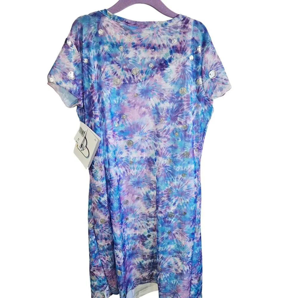 Disney Ily Girls Size 9/10 Layered Tee Shirt Dress Blue Purple Tie Dye Polka Dot